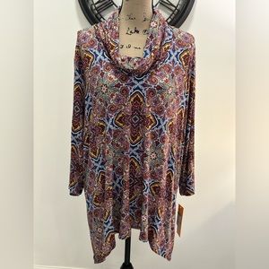 Ruby Rd blue, red & yellow print cowl neck top nwt